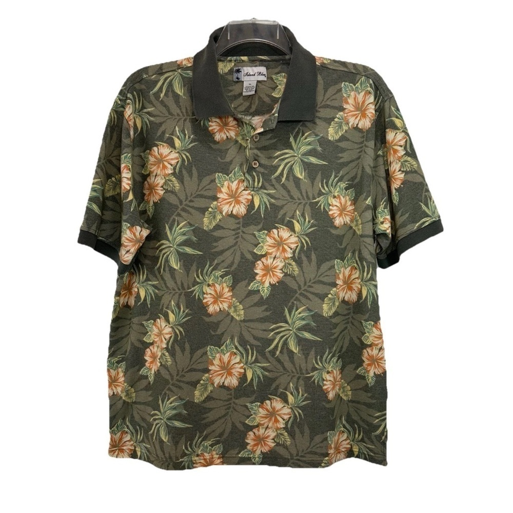 Island Blue Floral Polo Shirt Mens XL Short Sleeve Hawaiian Print Green